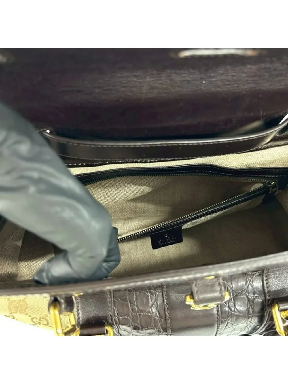 Gucci GG Canvas Croco Embossed Leather Tote Boston Bag Beige Brown - Picture 10 of 10